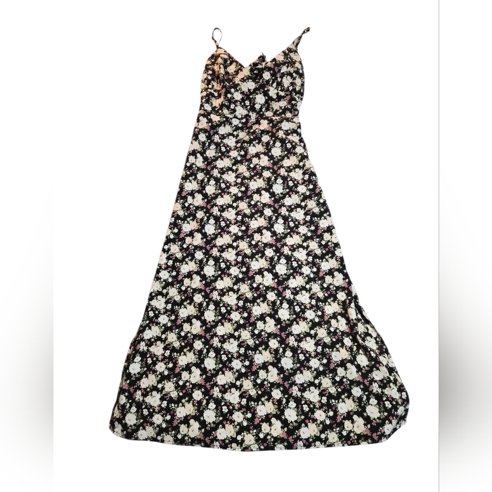 Forever 21 Black Floral Midi Dress with Cream and Pink Accents